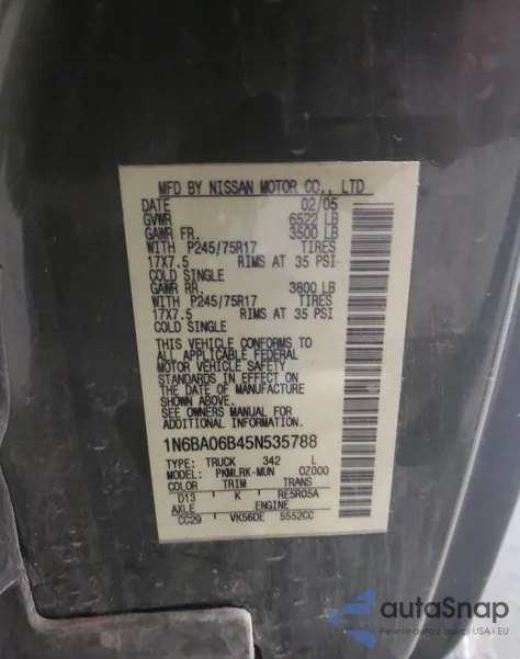 2005 Nissan Titan Xe from USA, damaged, VIN 1N6BA06B45N535788